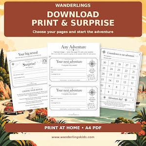 May include: A set of printable adventure reveal templates featuring three white pages with black text and graphics. The pages include a reveal card, two ticket designs labeled Your next adventure, and a numbered countdown grid.