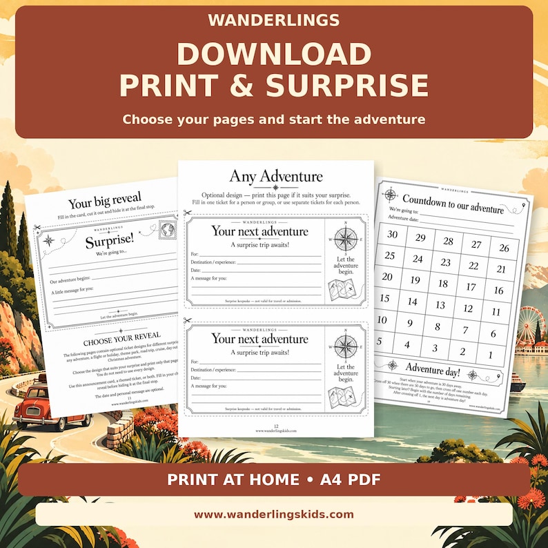 May include: A set of printable adventure reveal templates featuring three white pages with black text and graphics. The pages include a reveal card, two ticket designs labeled Your next adventure, and a numbered countdown grid.