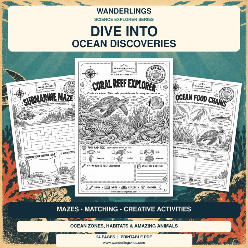 May include: Three black and white activity sheets from the Wanderlings Science Explorer Series titled Dive Into Ocean Discoveries. The pages feature illustrations of sea life, mazes, and food chains with text prompts for drawing and writing.