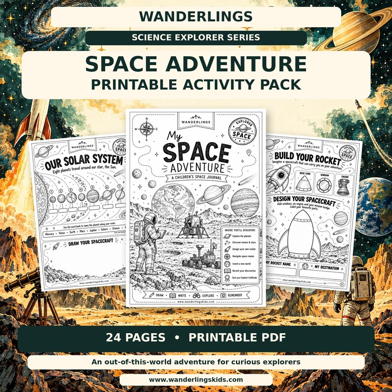 May include: A 24-page printable PDF activity pack titled Wanderlings Science Explorer Series Space Adventure. The set includes three black and white activity sheets featuring illustrations of astronauts, rockets, planets, and space exploration tasks.