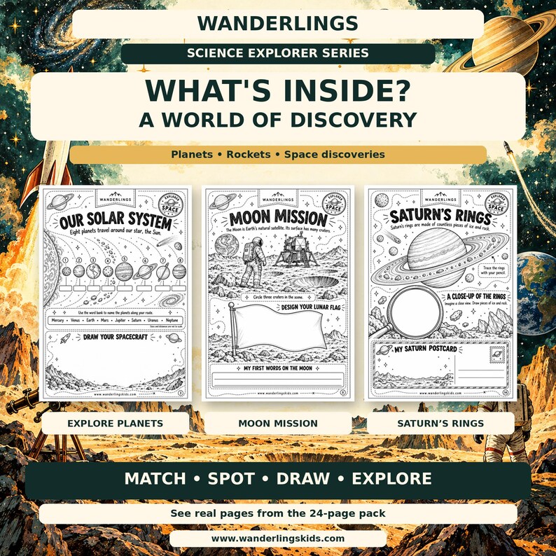 May include: Three educational activity sheets from the Wanderlings Science Explorer Series titled Our Solar System, Moon Mission, and Saturn's Rings. These black and white worksheets feature space-themed illustrations, text prompts, and drawing areas for children to explore planets, rockets, and space discoveries.