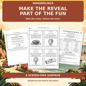 May include: A scavenger hunt kit featuring three printed sheets with instructions, clue cards, and a guide. The text includes 'WANDERLINGS', 'MAKE THE REVEAL PART OF THE FUN', 'An adventure awaits', and 'YOUR READY-TO-USE HUNT' with various clues and icons.