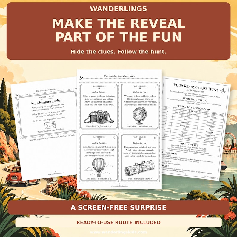 May include: A scavenger hunt kit featuring three printed sheets with instructions, clue cards, and a guide. The text includes 'WANDERLINGS', 'MAKE THE REVEAL PART OF THE FUN', 'An adventure awaits', and 'YOUR READY-TO-USE HUNT' with various clues and icons.