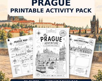 May include: A printable activity pack titled My Prague Adventure, a children's travel journal featuring black and white line art of the Charles Bridge, a tram, and city landmarks. The pack includes 21 pages of maps, explorer tasks, and writing prompts.