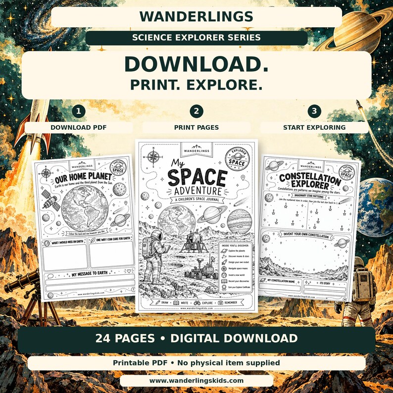 May include: A 24-page digital download titled Wanderlings Science Explorer Series My Space Adventure. The printable PDF set includes activity sheets featuring space illustrations, an astronaut, planets, and text prompts for children.