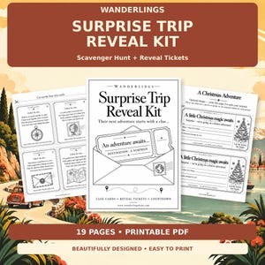 May include: A printable surprise trip reveal kit featuring three pages of black and white documents. The pages include scavenger hunt clue cards, a central reveal ticket in an envelope graphic, and Christmas-themed adventure tickets.