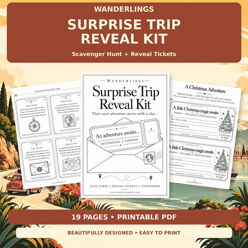 May include: A printable surprise trip reveal kit featuring three pages of black and white documents. The pages include scavenger hunt clue cards, a central reveal ticket in an envelope graphic, and Christmas-themed adventure tickets.