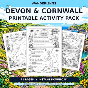May include: A printable activity pack featuring three black and white pages titled Wanderlings Devon & Cornwall. The pages include maps, coloring sheets, and explorer challenges with illustrations of coastlines, boats, and local landmarks.