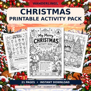 May include: A Christmas printable activity pack featuring a central activity book cover with a snowman, reindeer, and winter village illustration, flanked by a bingo board and a fireplace scene, all set against a festive holiday background.