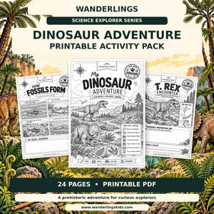 Aktivitetspaket med dinosaurieäventyr | Utskrivbar dagbok med 24 sidor (PDF) bild 1