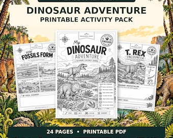May include: A 24-page printable PDF activity pack titled Wanderlings Science Explorer Series Dinosaur Adventure. The pages feature black and white line art illustrations of dinosaurs, fossil formation diagrams, and text prompts.