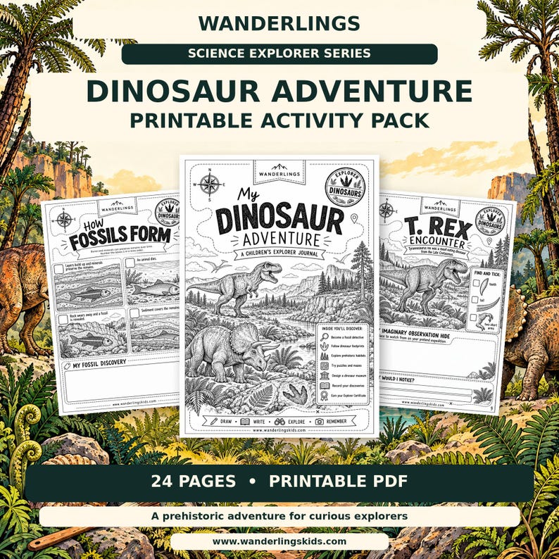 Aktivitetspaket med dinosaurieäventyr | Utskrivbar dagbok med 24 sidor (PDF) bild 1