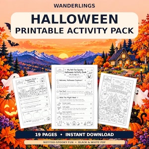 May include: A Halloween printable activity pack featuring three black and white activity sheets with text including Pumpkin Patch Counting, My Not-Too-Spooky Halloween Activity Book, and Happy Halloween, set against a vibrant autumn landscape.