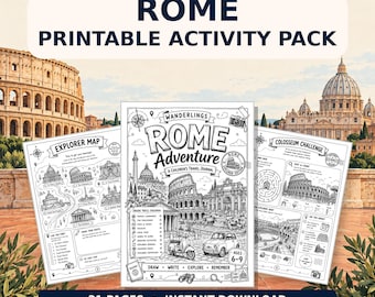 May include: A printable activity pack titled Wanderlings Rome Adventure, a children's travel journal for ages 6-9. The set includes 21 pages featuring an explorer map, a Colosseum challenge, and various drawing and writing activities with illustrations.
