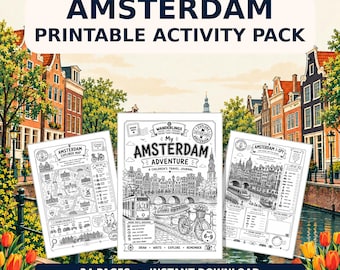 May include: A printable activity pack titled Wanderlings Amsterdam Printable Activity Pack featuring three pages with black and white illustrations of Amsterdam, including an explorer map, a travel journal, and an I-Spy game for children.