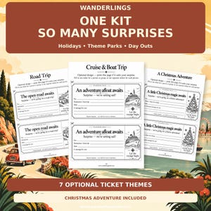 May include: A printable activity kit featuring multiple ticket templates for various occasions. The pages include designs for a Road Trip, Cruise & Boat Trip, and A Christmas Adventure, each with blank fields for recipient details and messages.