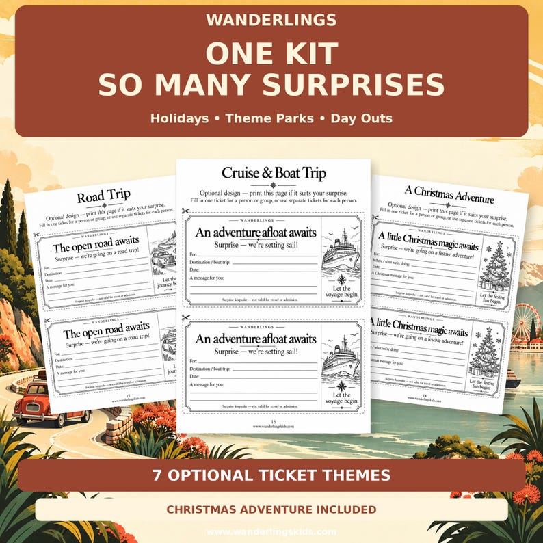 May include: A printable activity kit featuring multiple ticket templates for various occasions. The pages include designs for a Road Trip, Cruise & Boat Trip, and A Christmas Adventure, each with blank fields for recipient details and messages.
