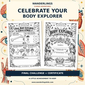 May include: Two black and white educational activity sheets titled Final Body Explorer Challenge and Body Explorer Certificate. The pages feature illustrations of human organs, a compass, a map, and two children dressed as explorers.