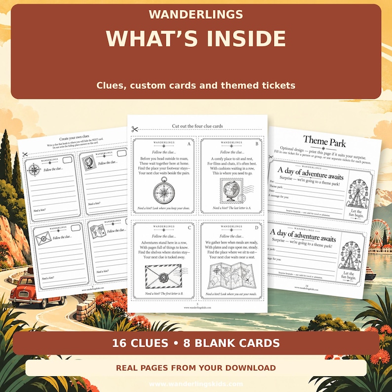 May include: A set of printable activity sheets titled WANDERLINGS WHAT'S INSIDE, featuring clue cards, custom cards, and themed tickets. The pages include text, line drawings of a compass, globe, envelope, and ferris wheel.