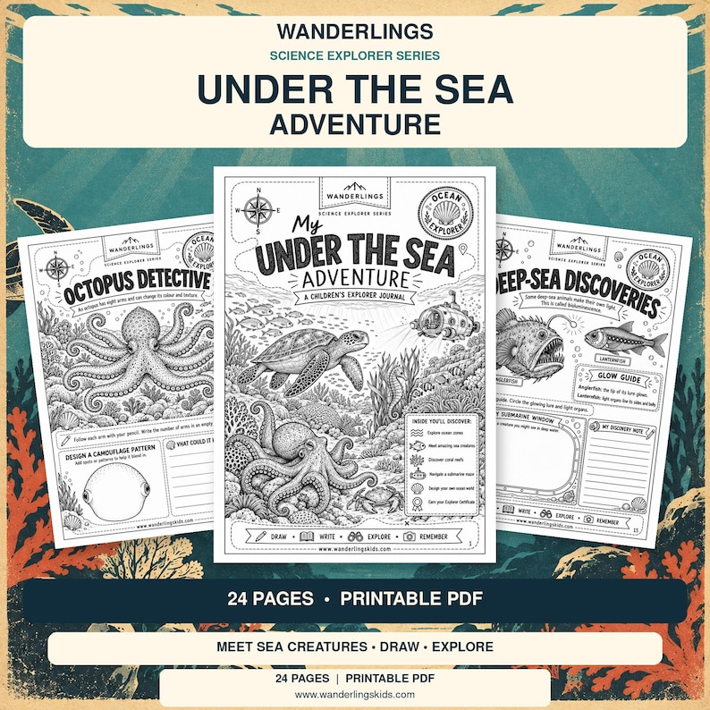 May include: Three pages from the Wanderlings Science Explorer Series Under the Sea Adventure journal. The black and white printable PDF pages feature detailed illustrations of sea creatures, a submarine, and text prompts for drawing and writing.