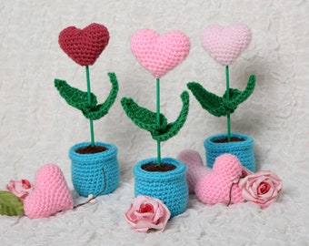 Heart flower decoration, heart in pot as a gift for wedding, handmade crocheted heart in flower pot different colors, flower heart