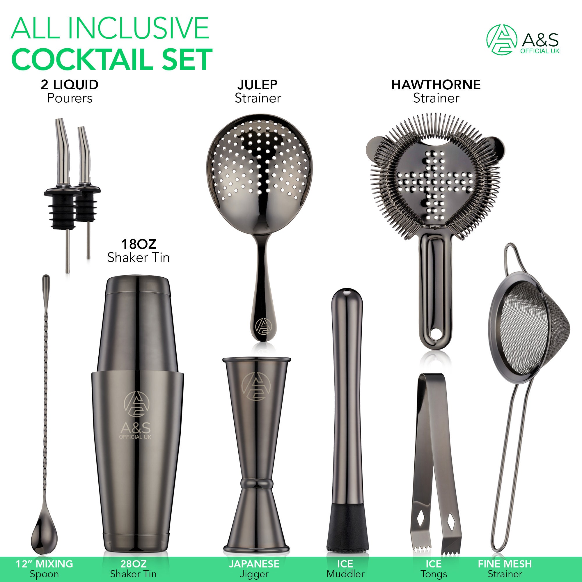 A&S UK Premium Cocktail Shaker Set Set of 12 Black Plated Etsy