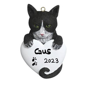 Personalized Tuxedo Cat Ornament, Christmas pet ornament, Custom Tuxedo Cat with Heart Ornament, Catty Shaped Xmas Tree Gift 2023