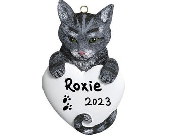 Personalized Tabby Gray Cat Ornament, Christmas cat ornament, Custom Tabby Grey Cat with Heart Ornament, Cat Shaped Xmas Tree Gift 2025