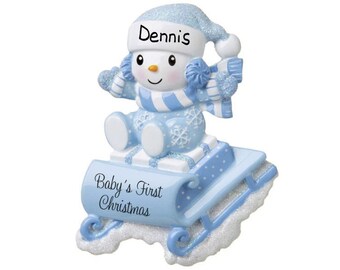 Blue Snowbaby on Sled - Baby Boy Snowman - Baby's First Christmas - Hand Personalized Christmas Ornament