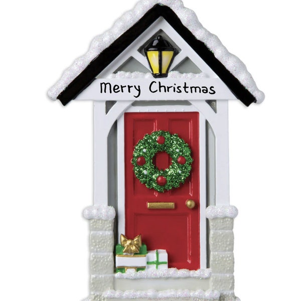 Personalized Red Door Ornament - Red Grey Door with Christmas Wreath and Gifts- First Apartment - New Home - Hand Personalized 2023