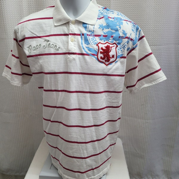 Vintage Y2K Paco Jeans LG Red, White & Blue Striped Lion Crest Rugby Polo Short Sleeve button up Shirt