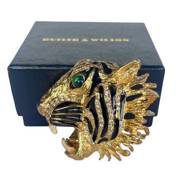 Vintage Butler & Wilson Roaring Tiger Brooch 1980s, Book Piece, Original Box