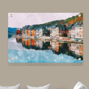 Belgian Downtown Glass Wall Art, European Cityscape Painting, Watercolor Above Bed Decor, Vintage Town Architecture