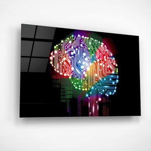 Colorful AI Brain Circuit Art, Binary Code Wall Art, IT Tech Gift, Computer Science Office Decor, Print On Glass