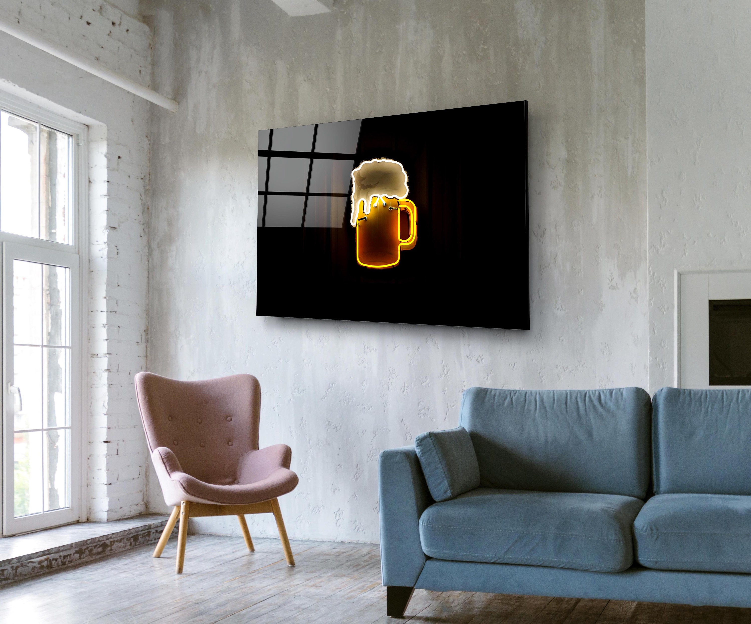 Beer Neon Sign, Glass Wall Art, Mens Kitchen Decor, Brewery Decoration