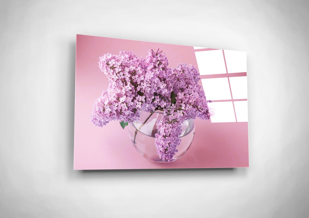 Lilac Flowers Bouquet, Above Bed Wall Art, Botanical Glass Print, Pastel Pink Girls Nursery