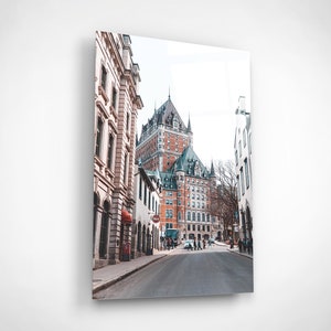 Sztuka ścienna gotyckiego miasta Quebec, fotografia budynków w stylu vintage, prezent dla miłośników architektury, szklany wystrój domu