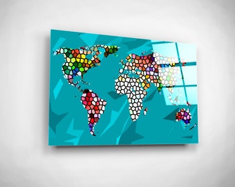 Colorful World Map Painting, Stained Glass Wall Art, Traveler Housewarming Gift Idea, Vibrant Travel Agency Decor