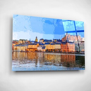 Pintura da Suécia, Arte de parede de vidro, Casas nacionais, Cenário da cidade, Decoração de casa de viagem, Presente de guia turístico exclusivo