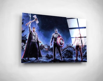 Impresión de vidrio de Avengers Infinity War, arte de pared de la película, decoración de habitación infantil de superhéroes, pintura de Iron Man, Thor y Capitán América.