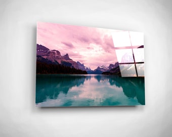 Pastel Mountain Lake Photography, Countryside Wilderness Painting, Glass Wall Art, Scenic Landscape Print, Room Decor