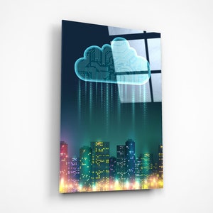 May include: A digital illustration of a blue cloud with circuit board patterns, raining down data onto a cityscape with colourful buildings.