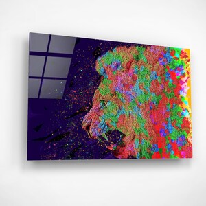 Colorful Lion, Abstract Painting, Glass Wall Art, Multicolor Modern Roaring Lion Fine Art, Artistic Mens Office Decor