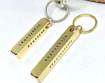 Dog tag, pet ID tag, dog name tag, dog ID tag keyring, brass, personalised, hand stamped, gift for dog lover, chunky bar, solid brass