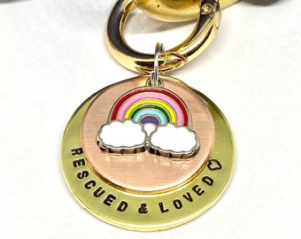 Dog tag, pet ID tag, dog name tag, dog ID tag keyring, brass, nickel, personalised, hand stamped, gift for dog lover, rainbow