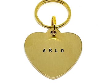 Dog tag, pet ID tag, dog name tag, dog ID tag keyring, brass, nickel, personalised, hand stamped, gift for dog lover, heart, love, valentine