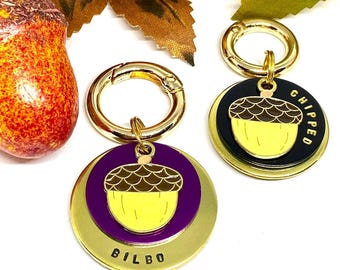Dog ID tag, Pet ID tag-Dog tag, Pet name tag, Keyring, Hand stamped, Engraved, Personalised, Gift for dog, Autumn, Fall, Acorn, Nut