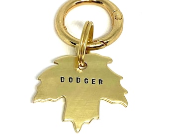 Dog tag, pet ID tag, dog name tag, dog ID tag keyring, brass, personalised, hand stamped, gift for dog lover, maple, leaf, Autumn, Fall