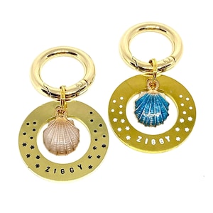 May include: Two gold keychains with a seashell charm. The keychains have a round tag with the name "Ziggy" engraved on them. One charm is a light blue seashell and the other is a pink seashell.