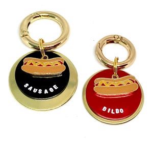Dog tag, pet ID tag, dog name tag, dog ID tag keyring, brass, personalised, hand stamped, gift for dog lover, hot dog, sausage, dachshund